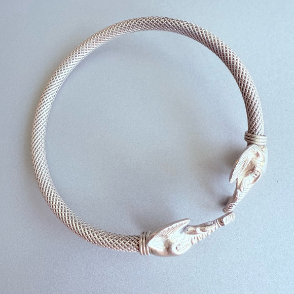 Sterling Silver 925 Elephant Heads Bangle Cuff Artisan Mesh Bracelet - Picture 4 of 7